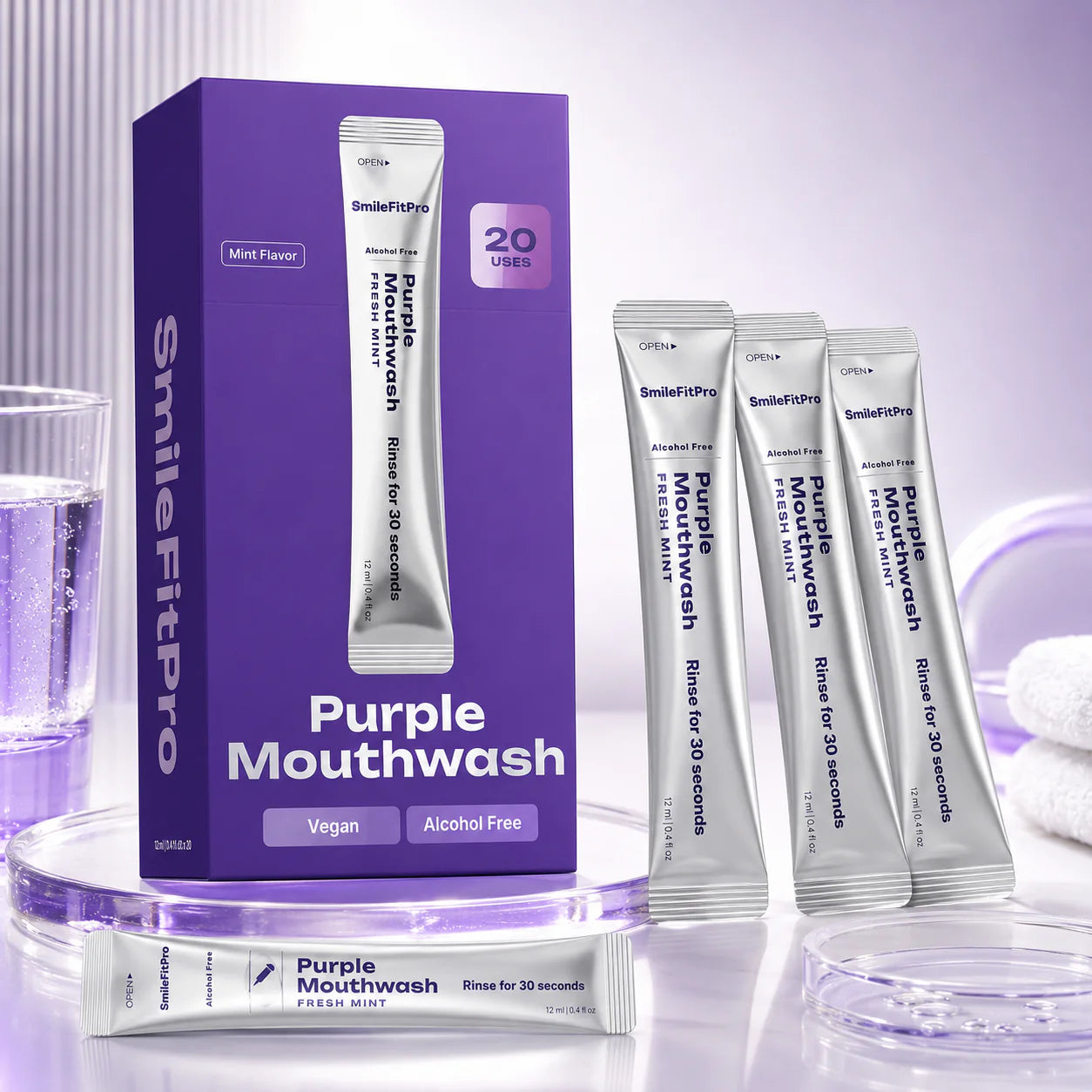 Purple Mouthwash -Sachets 20 Pack -Peroxide-Free - AlcoholFree - Vegan Mint
