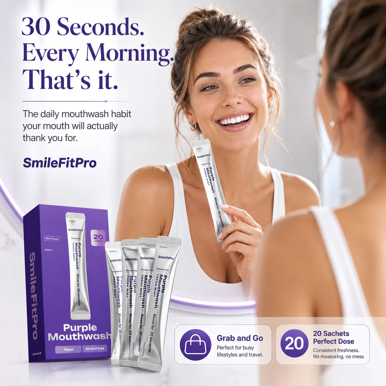 Purple Mouthwash -Sachets 20 Pack -Peroxide-Free - AlcoholFree - Vegan Mint