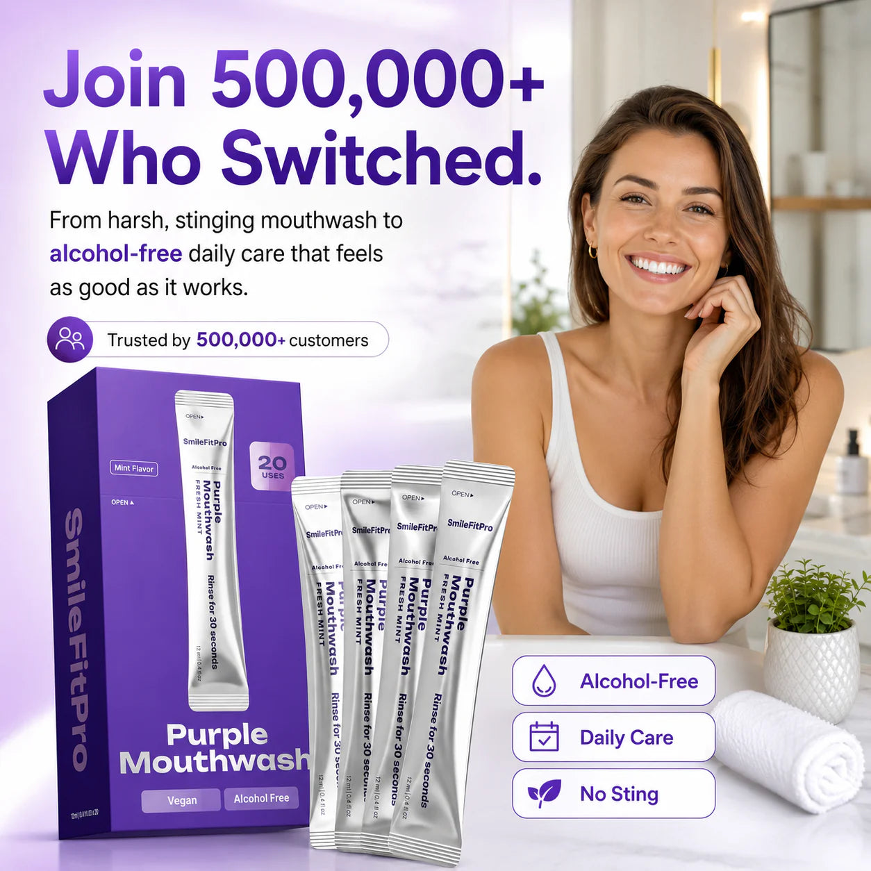 Purple Mouthwash -Sachets 20 Pack -Peroxide-Free - AlcoholFree - Vegan Mint